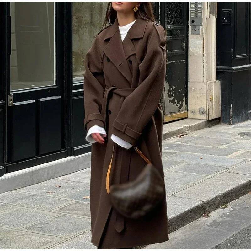 Wool Coat Peacoat - Mantel Panjang Wanita Warna Abu-Abu Elegan,